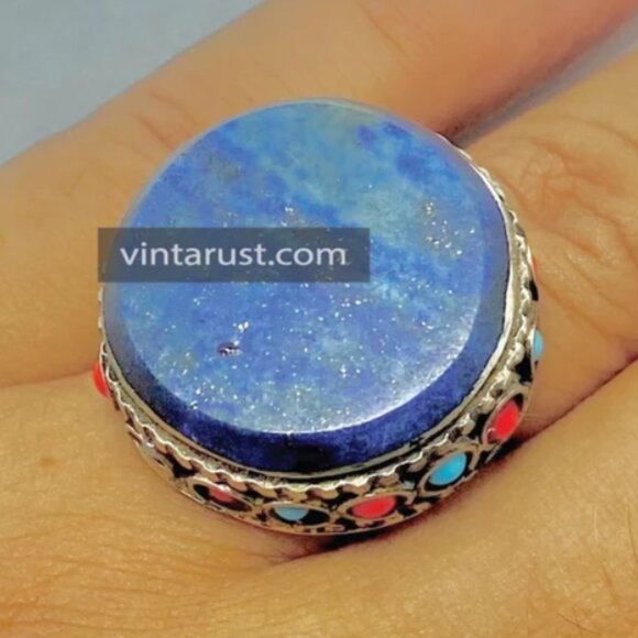 Lapis Stone Ring, Handmade Kuchi Ring, Tribal Ethnic Ring, Lapis Lazuli Jewelry, - Picture 11 of 11